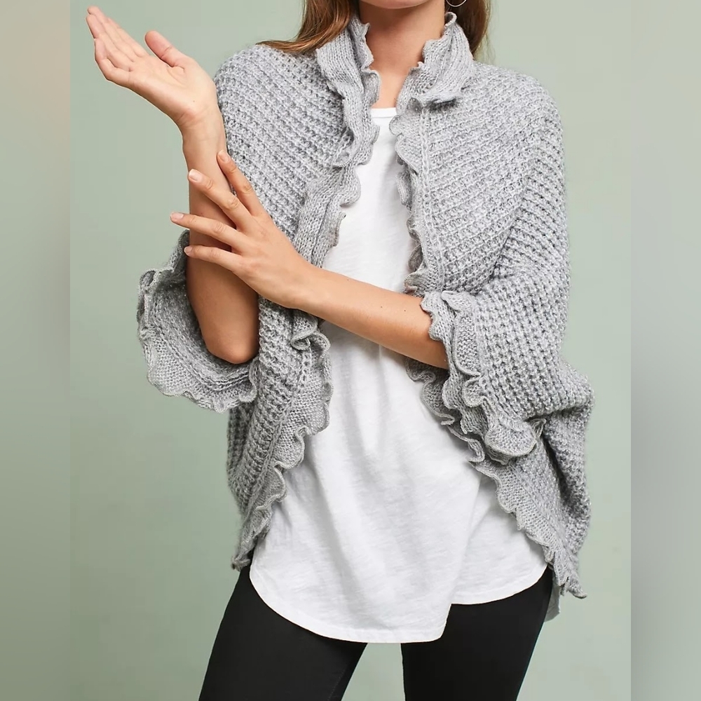 Anthropologie Moth Rocia Ruffled Cardigan, Grey, Size Medium Petite